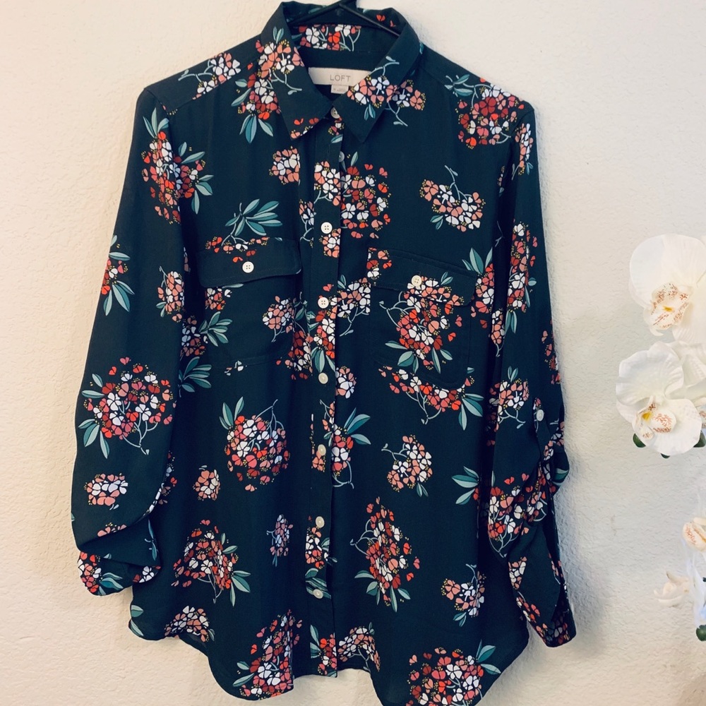 LOFT floral print grey button up blouse